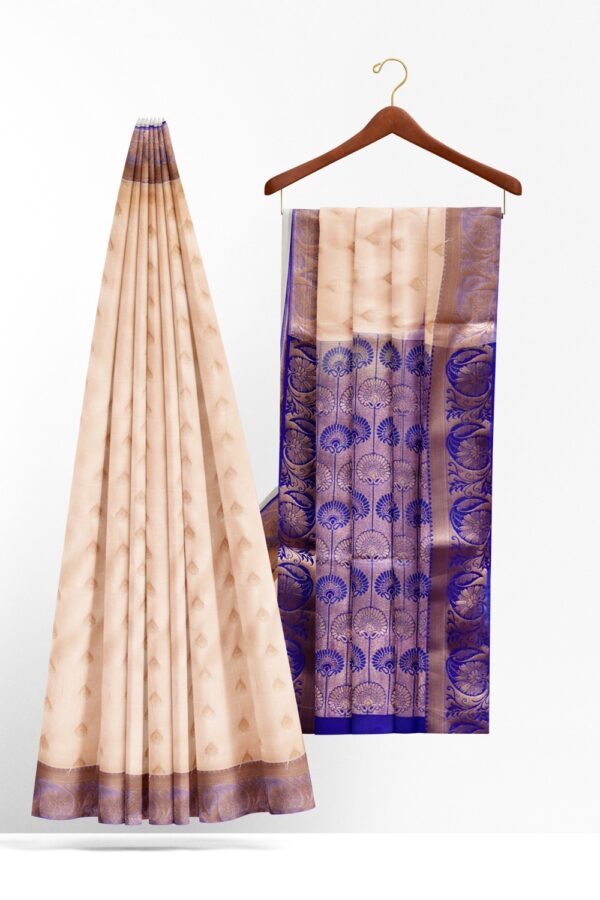 sri kumaran stores semi kanchipuram silk saree peachpuff color saree with ultramarine blue pallu 2