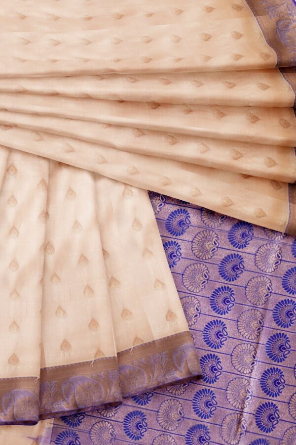 sri kumaran stores semi kanchipuram silk saree peachpuff color saree with ultramarine blue pallu 4