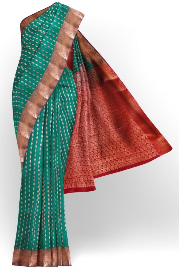 sri kumaran stores semi kanchipuram silk saree pine green saree with pale red pallu 1