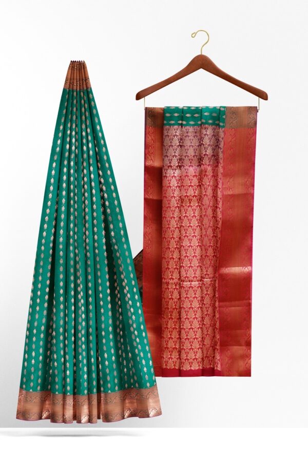 sri kumaran stores semi kanchipuram silk saree pine green saree with pale red pallu 2