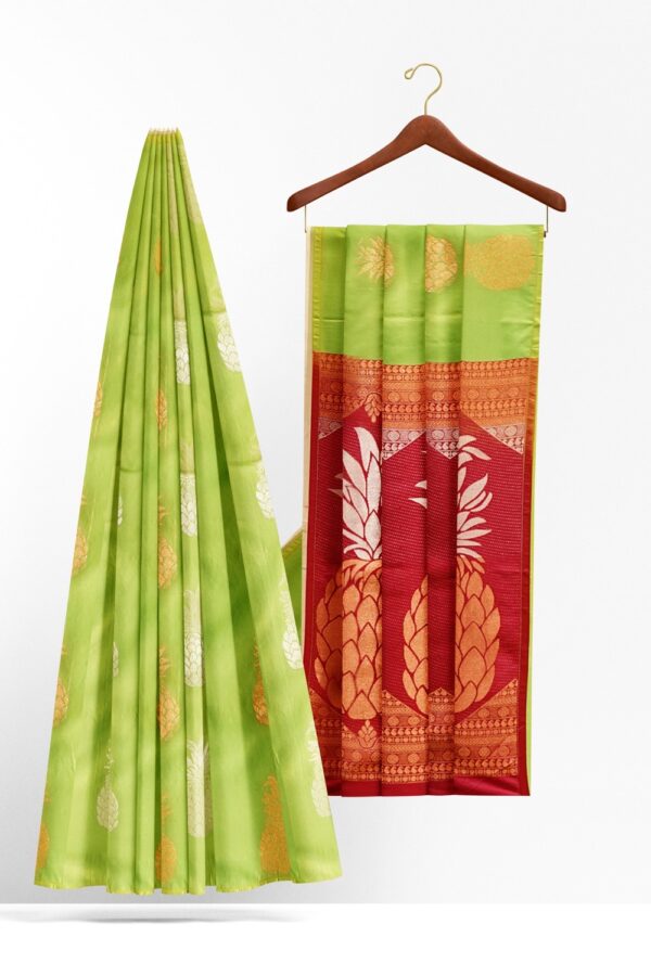 sri kumaran stores semi kanchipuram silk saree pineapple design light green saree with red pallu 2