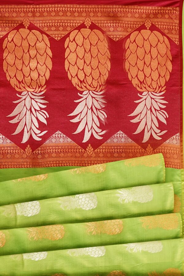 sri kumaran stores semi kanchipuram silk saree pineapple design light green saree with red pallu 5