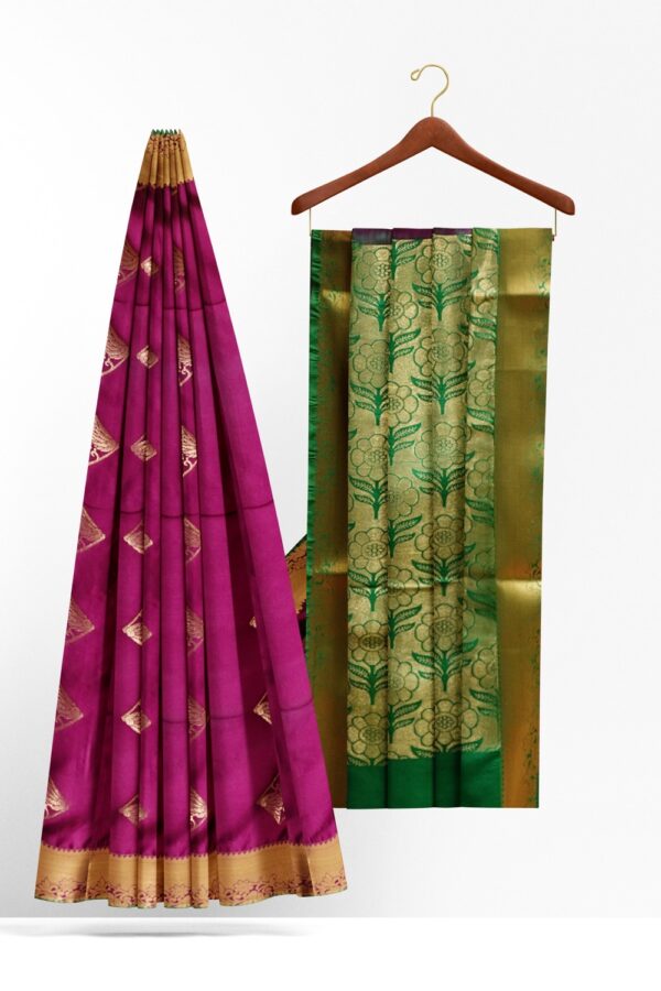 sri kumaran stores semi kanchipuram silk saree purple color saree with forest green border and pallu 2