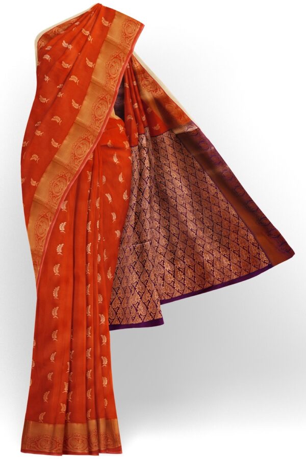 sri kumaran stores semi kanchipuram silk saree rust orange saree with purple pallu 1