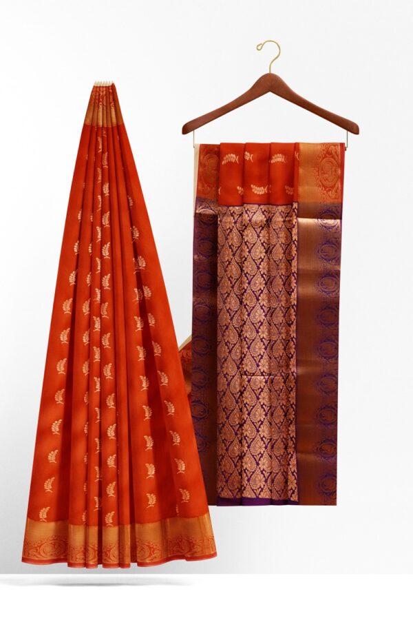 sri kumaran stores semi kanchipuram silk saree rust orange saree with purple pallu 2