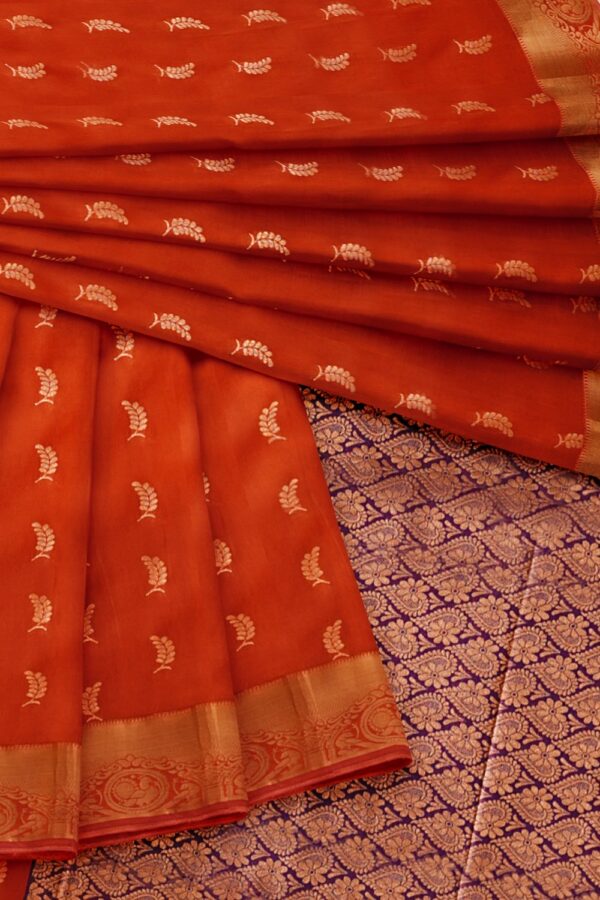 sri kumaran stores semi kanchipuram silk saree rust orange saree with purple pallu 4