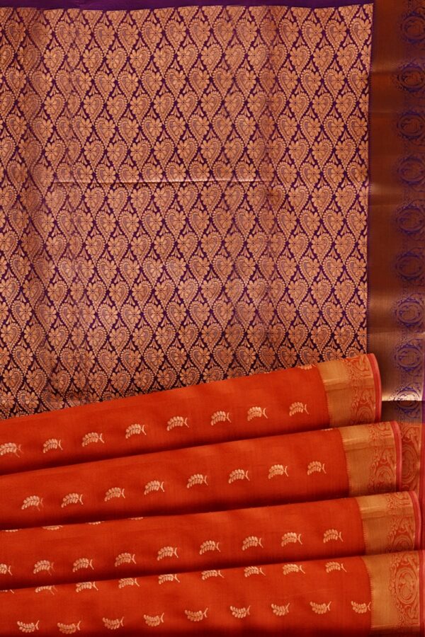 sri kumaran stores semi kanchipuram silk saree rust orange saree with purple pallu 5