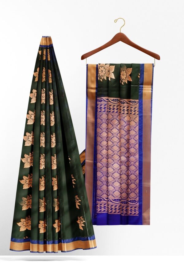 sri kumaran stores semi kanchipuram silk saree sacramento green saree with blue pallu 2