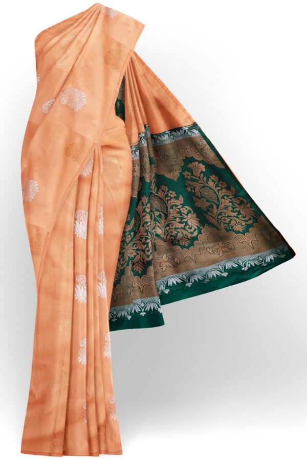 sri kumaran stores semi kanchipuram silk saree salmon color saree with ocean green border 1