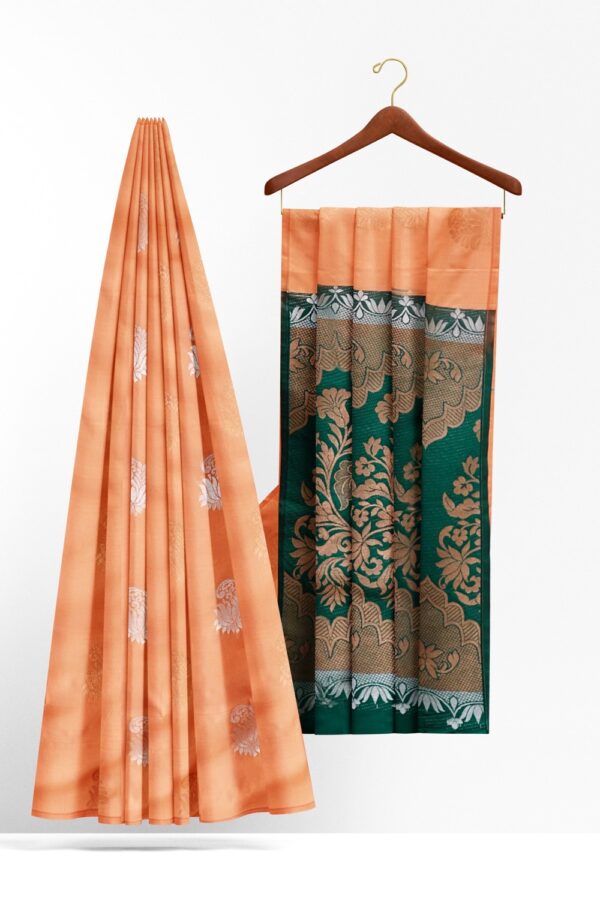 sri kumaran stores semi kanchipuram silk saree salmon color saree with ocean green border 2