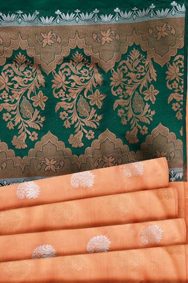 sri kumaran stores semi kanchipuram silk saree salmon color saree with ocean green border 5