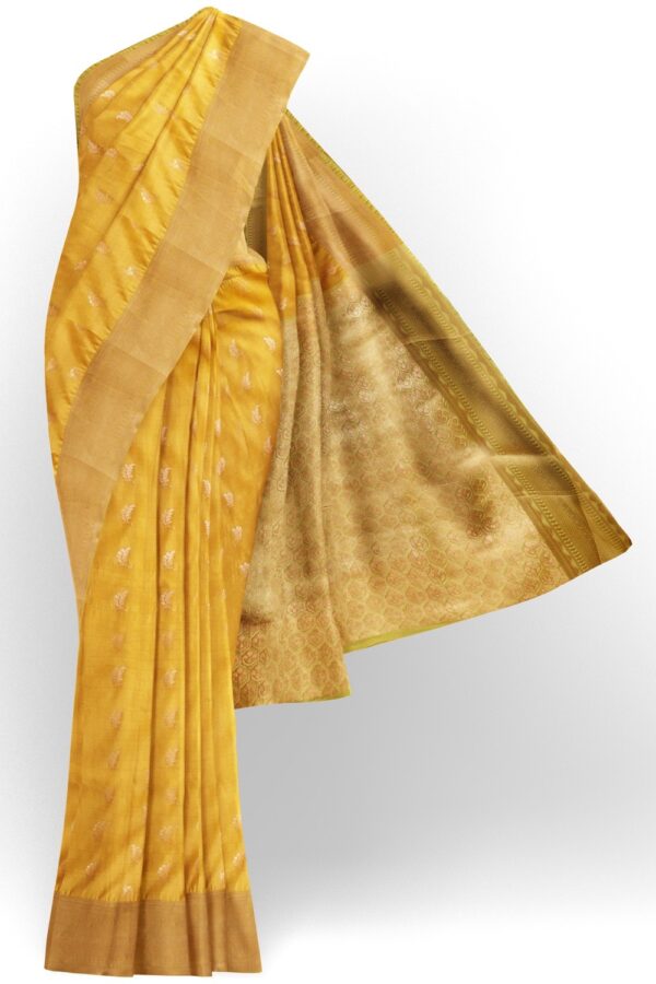 sri kumaran stores semi kanchipuram silk saree tuscany yellow saree with greenish yellow pallu 1