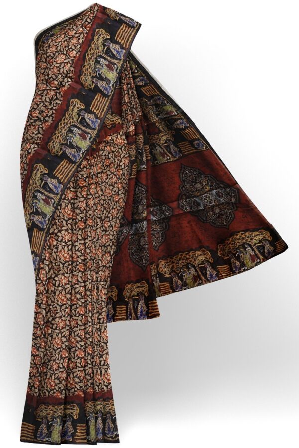 sri kumaran stores semi raw silk saree allover floral design black saree with dancing women border and pallu 1
