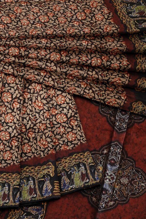sri kumaran stores semi raw silk saree allover floral design black saree with dancing women border and pallu 4