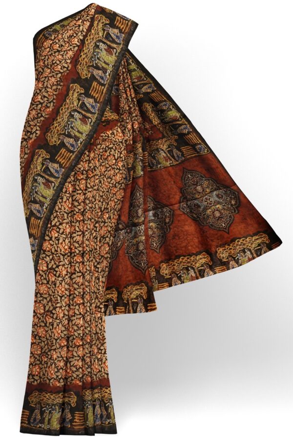 sri kumaran stores semi raw silk saree allover floral design black saree with dancing women ginger orange pallu 1