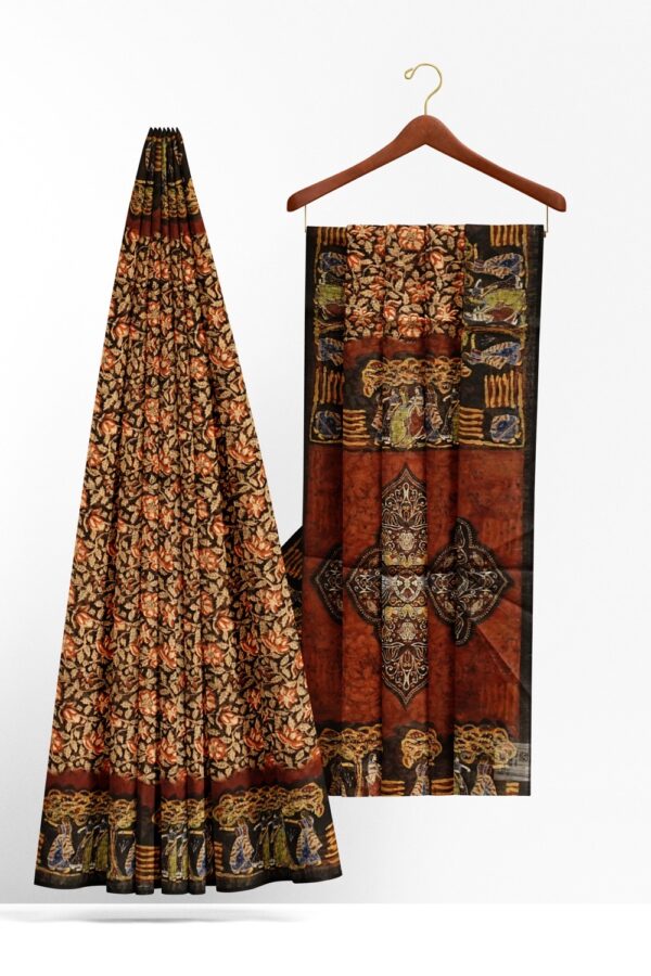 sri kumaran stores semi raw silk saree allover floral design black saree with dancing women ginger orange pallu 2
