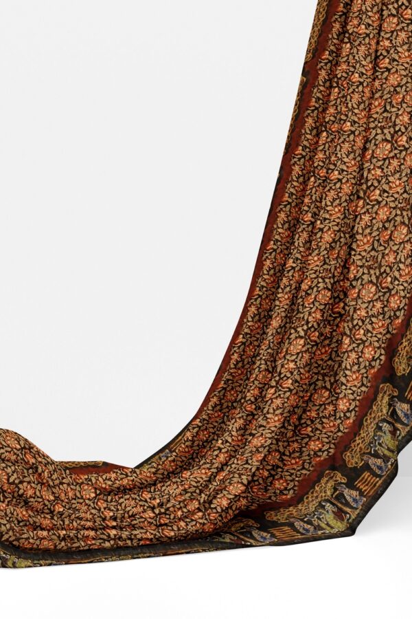 sri kumaran stores semi raw silk saree allover floral design black saree with dancing women ginger orange pallu 3