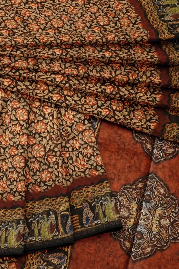 sri kumaran stores semi raw silk saree allover floral design black saree with dancing women ginger orange pallu 4