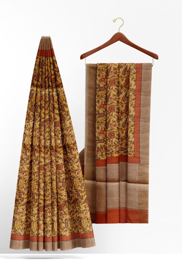 sri kumaran stores semi raw silk saree allover floral design egg nog color saree with golden and orange border 2
