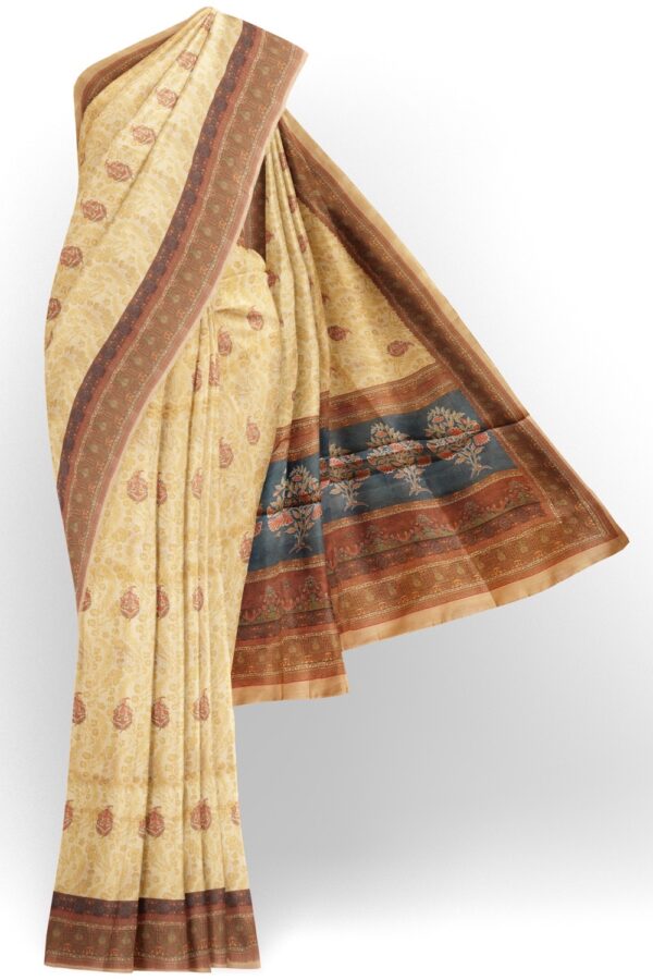 sri kumaran stores semi raw silk saree egg nog color saree with red wood color border 1