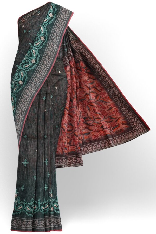 sri kumaran stores semi raw silk saree embroidered slate gray saree with watermelon pink pallu 1