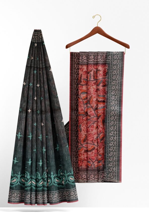 sri kumaran stores semi raw silk saree embroidered slate gray saree with watermelon pink pallu 2