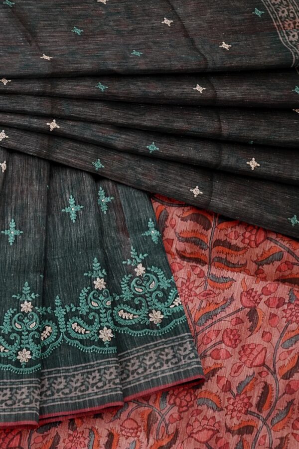 sri kumaran stores semi raw silk saree embroidered slate gray saree with watermelon pink pallu 4