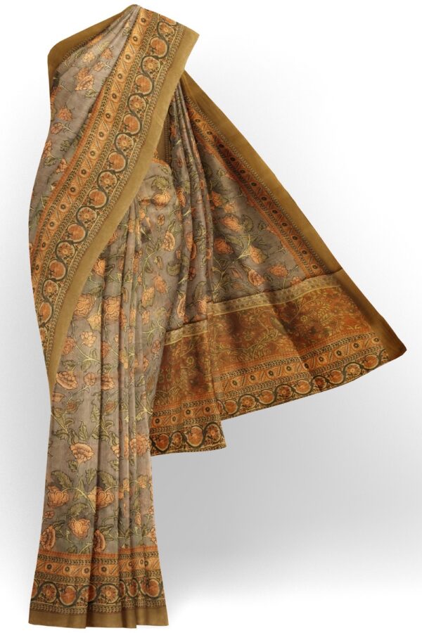 sri kumaran stores semi raw silk saree floral design ash color saree with tortilla brown border 1