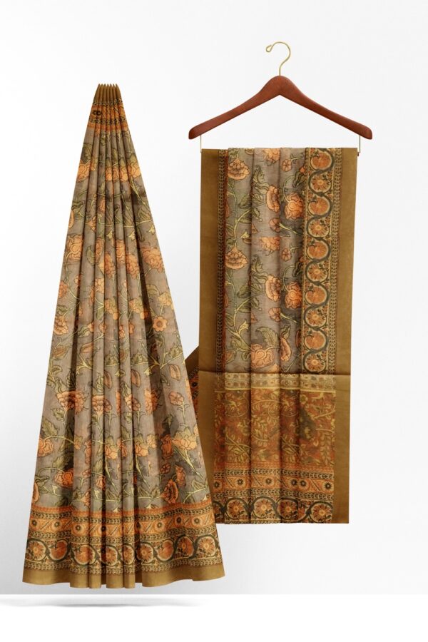 sri kumaran stores semi raw silk saree floral design ash color saree with tortilla brown border 2