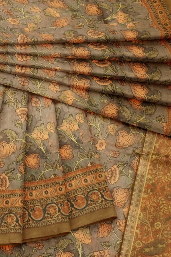 sri kumaran stores semi raw silk saree floral design ash color saree with tortilla brown border 4