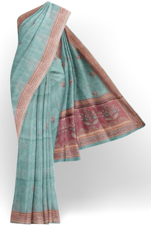 sri kumaran stores semi raw silk saree light arctic blue color saree with african violet border 1