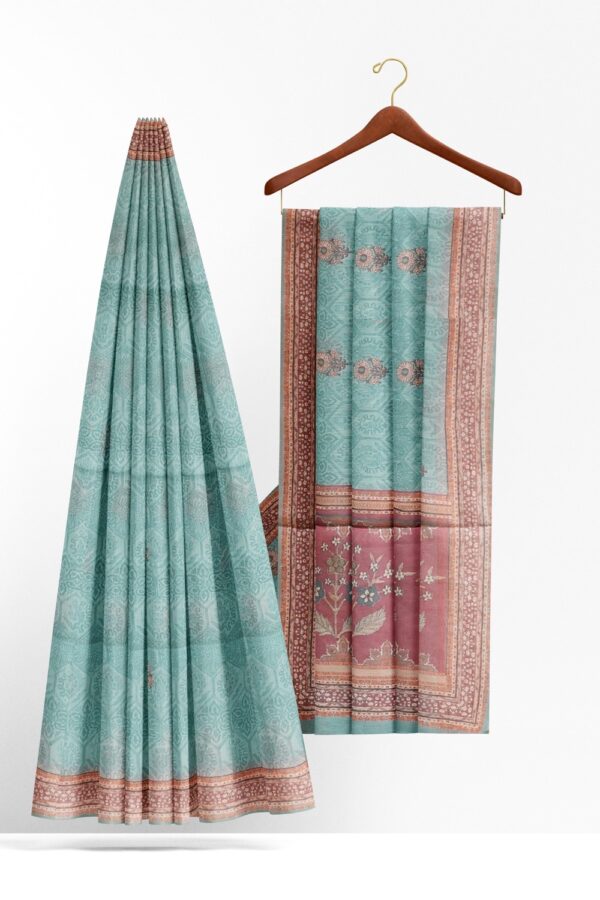 sri kumaran stores semi raw silk saree light arctic blue color saree with african violet border 2