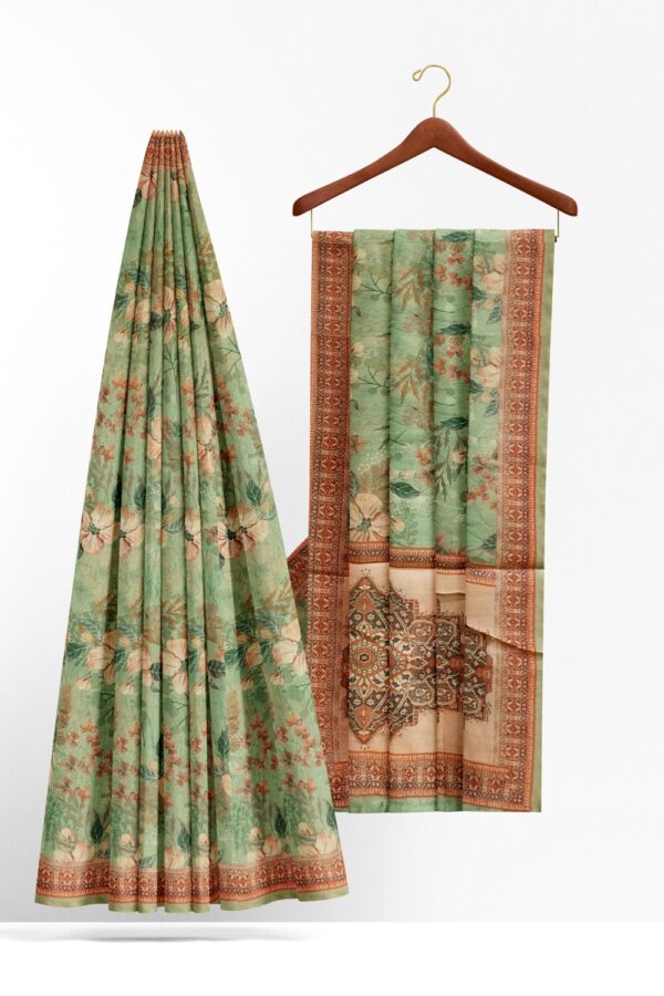 sri kumaran stores semi raw silk saree light persian green saree with apricot orange border 2