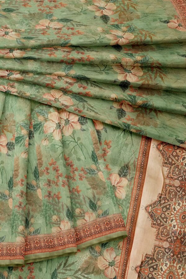 sri kumaran stores semi raw silk saree light persian green saree with apricot orange border 4