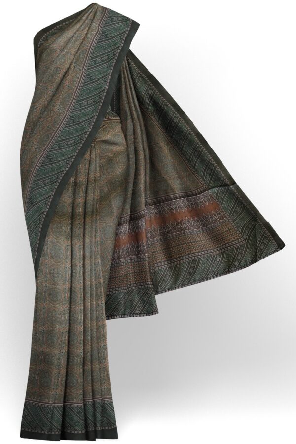 sri kumaran stores semi raw silk saree ocean green and light sepia color saree with pine green border 1