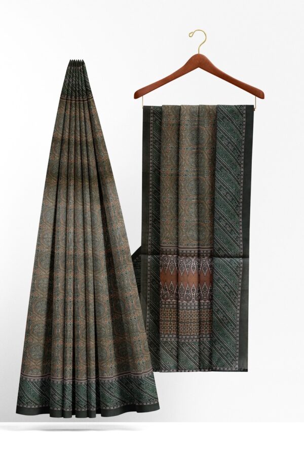 sri kumaran stores semi raw silk saree ocean green and light sepia color saree with pine green border 2