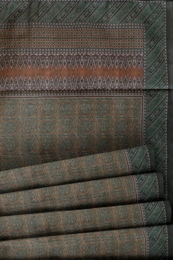 sri kumaran stores semi raw silk saree ocean green and light sepia color saree with pine green border 5