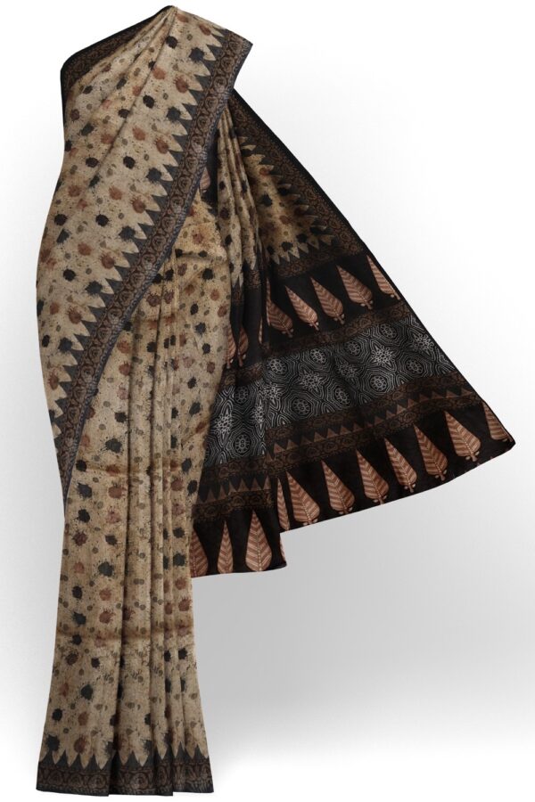 sri kumaran stores semi raw silk saree paint splatter pattern bisque color saree with black border and pallu 1