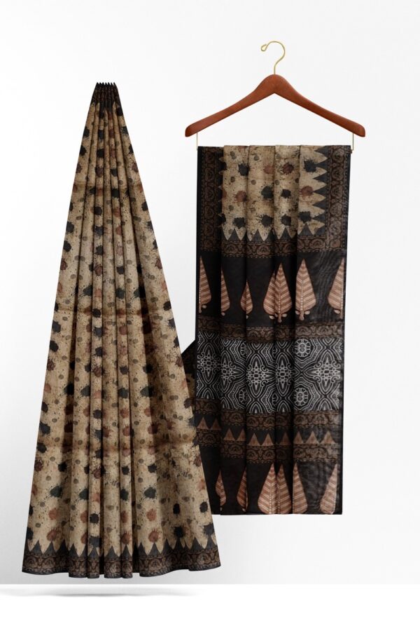 sri kumaran stores semi raw silk saree paint splatter pattern bisque color saree with black border and pallu 2