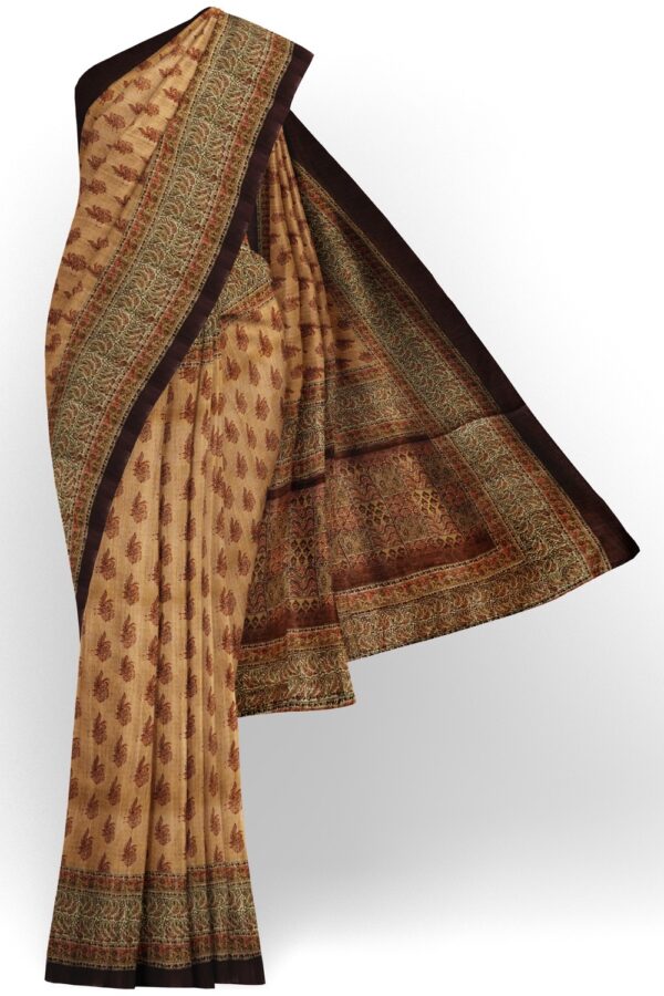 sri kumaran stores semi raw silk saree sepia color printed saree with brown border 1