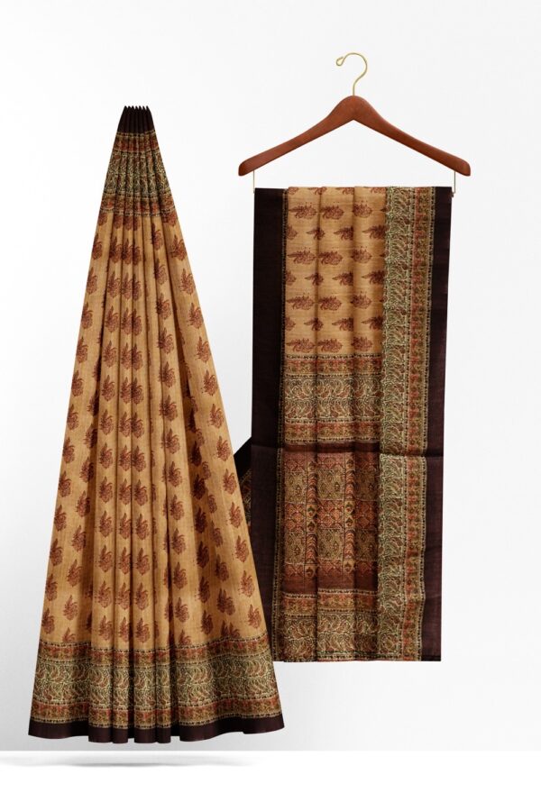 sri kumaran stores semi raw silk saree sepia color printed saree with brown border 2