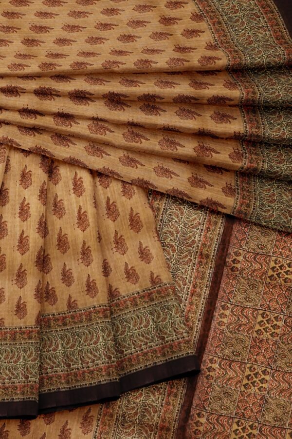 sri kumaran stores semi raw silk saree sepia color printed saree with brown border 4