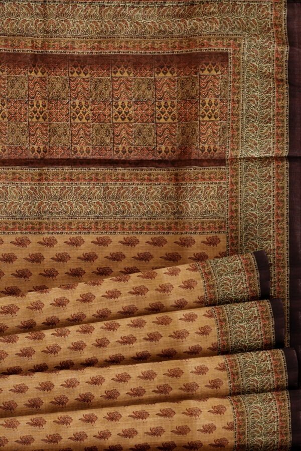 sri kumaran stores semi raw silk saree sepia color printed saree with brown border 5