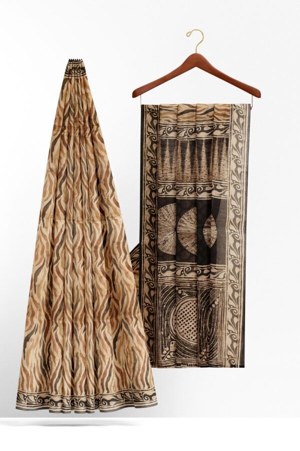 sri kumaran stores semi raw silk saree zebra pattern pale cantalopue color saree with balck border and pallu 2