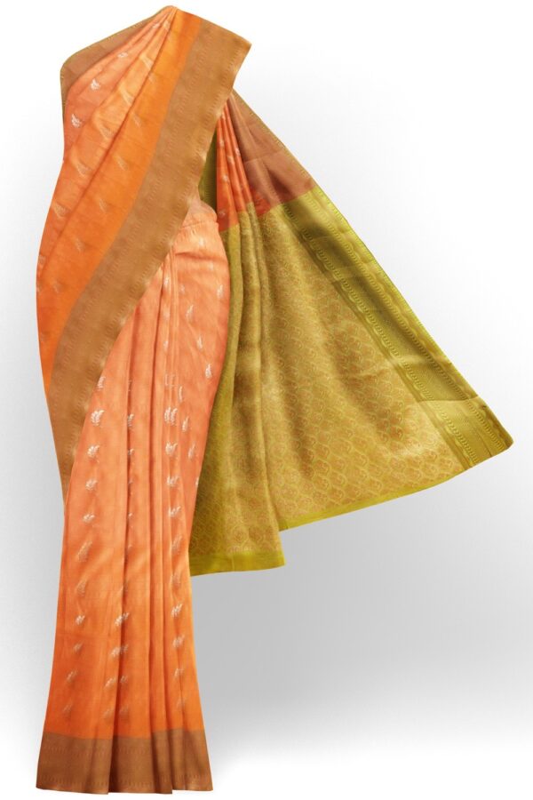 sri kumaran stores soft silk saree apricot color saree with lime green pallu 1