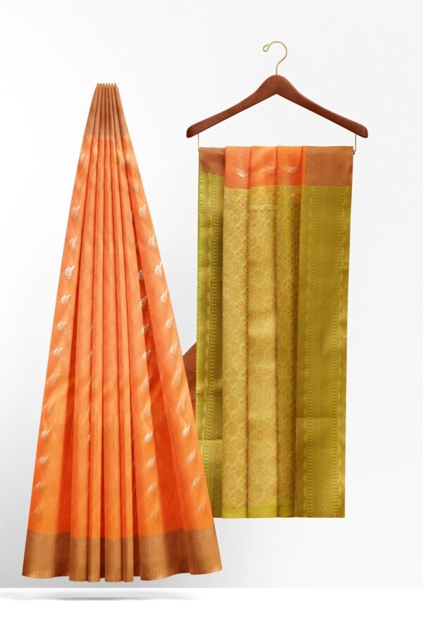 sri kumaran stores soft silk saree apricot color saree with lime green pallu 2