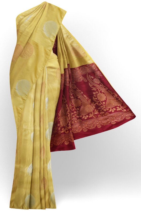 sri kumaran stores soft silk saree banana color saree with maroon color pallu 1