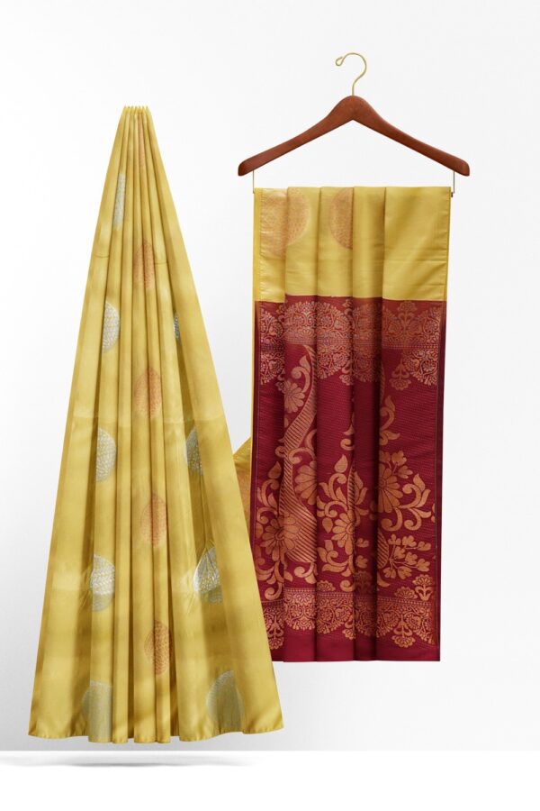 sri kumaran stores soft silk saree banana color saree with maroon color pallu 2