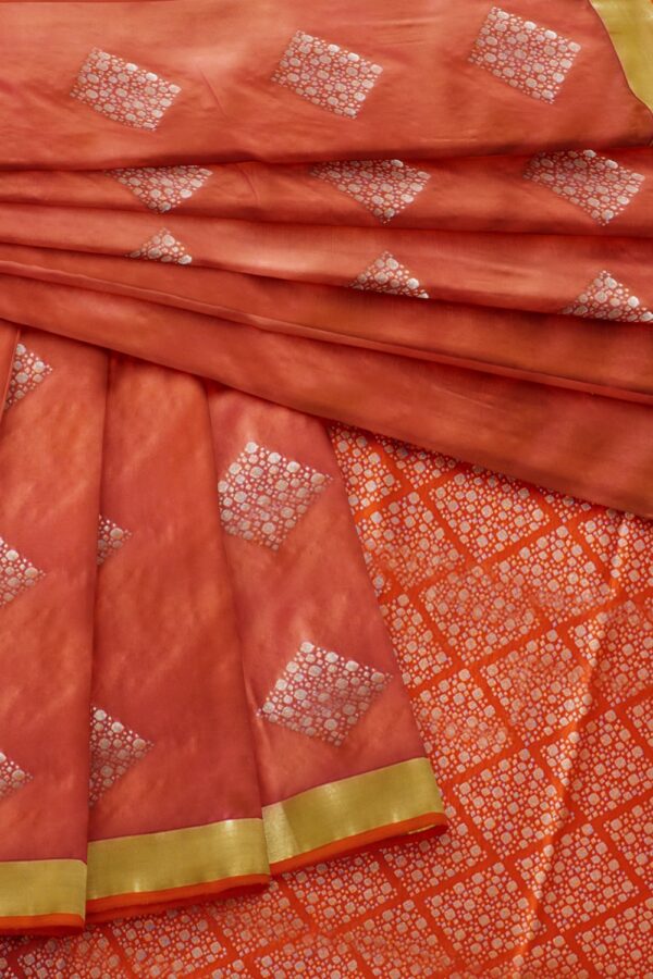 sri kumaran stores soft silk saree bright coral saree with orange border and pallu 4