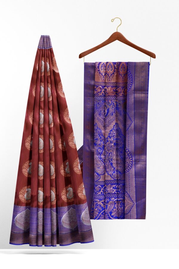 sri kumaran stores soft silk saree chocolate brown saree with ultramarine blue border and pallu 2